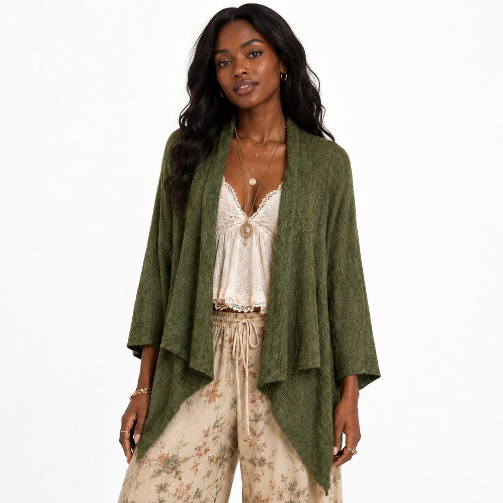 Shae Draped Open Front Asymmetrical Hem Cardigan Olive Green Boho Knit XS/TP